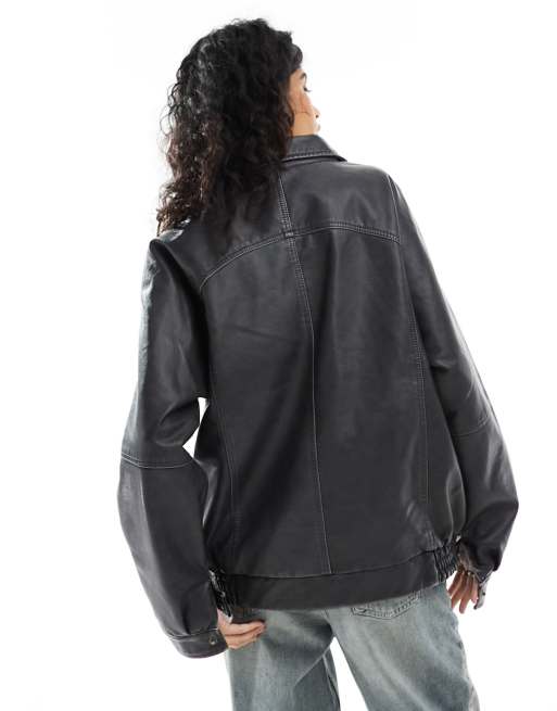 Cotton:On Faux Leather Bomber Jacket in washed black, 4 of 4