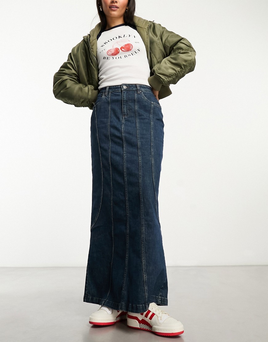 Cotton:on Fit Flare Denim Maxi Skirt In Indigo-blue