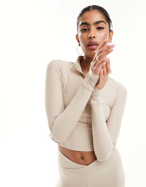 Cotton:On fleece lined half zip long sleeve top in beige