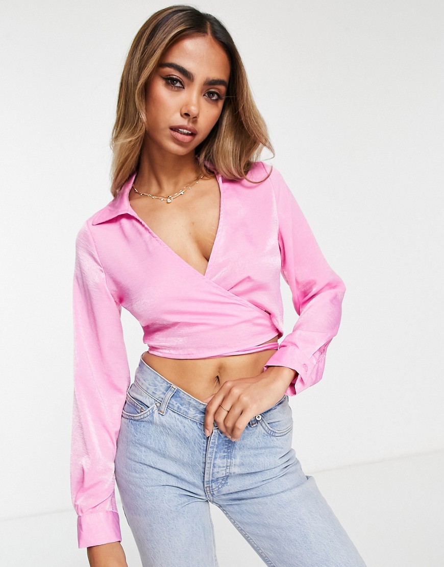 Cotton: On front tie knot cropped shirt in pink