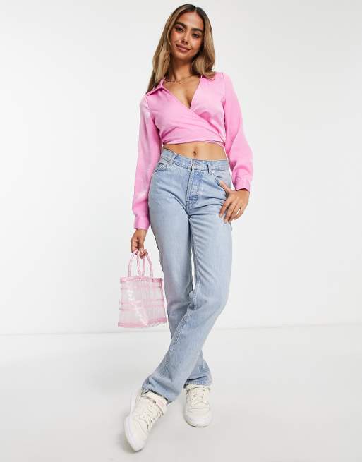 Cotton:On front tie knot cropped shirt in pink | ASOS