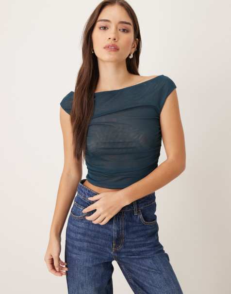 Cotton:On Gathered mesh off shoulder top in green - view 1