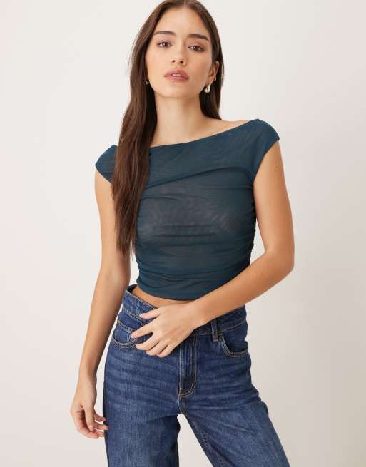 Cotton:On Gathered mesh off shoulder top in green