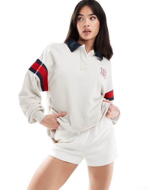 Cotton:On Graphic oversized long sleeve polo in off-white