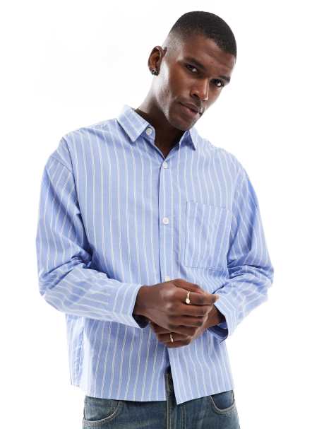 Cotton:On Hampton long sleeve shirt in soft blue stripe - view 1