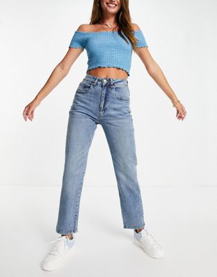 Cotton:On high rise straight jean with rip in mid wash