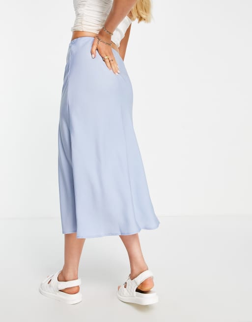 Cotton On highwaisted satin midi skirt with split in blue