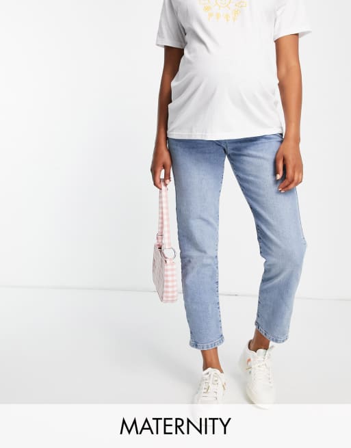 Cotton:On - Jean mom stretch de maternité avec bande recouvrant le ventre à délavage moyen