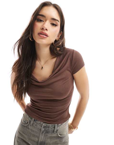 Cotton:On Jordie cowl neck short sleeve in brown - view 1