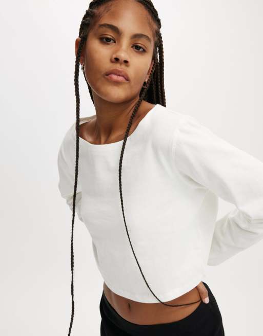 Cotton:On Jordyn boat neck chopped long sleeve top in porcelain