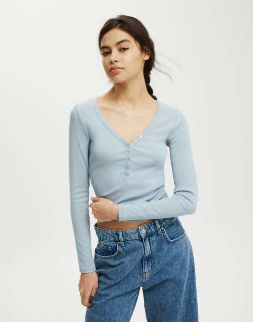 Cotton:On Kelsey v front henley long sleeve in blue
