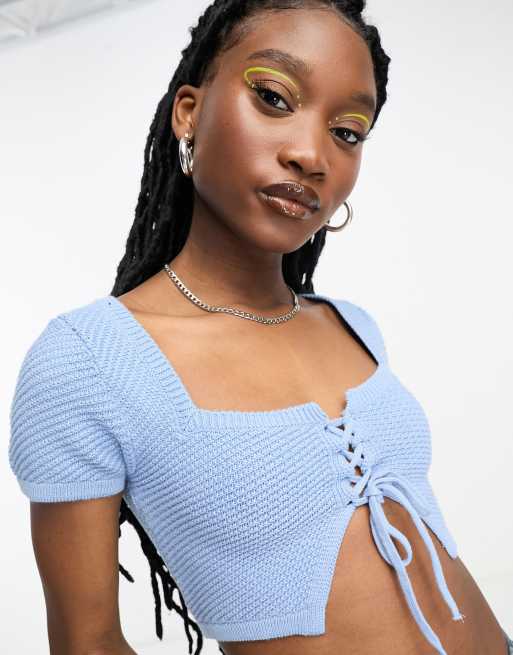 Cotton On keyhole knit off shoulder crop top in blue ASOS