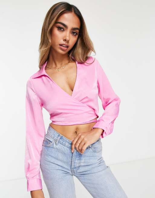 Cotton:On – Kurze Bluse in Rosa mit Bindebändern vorne 