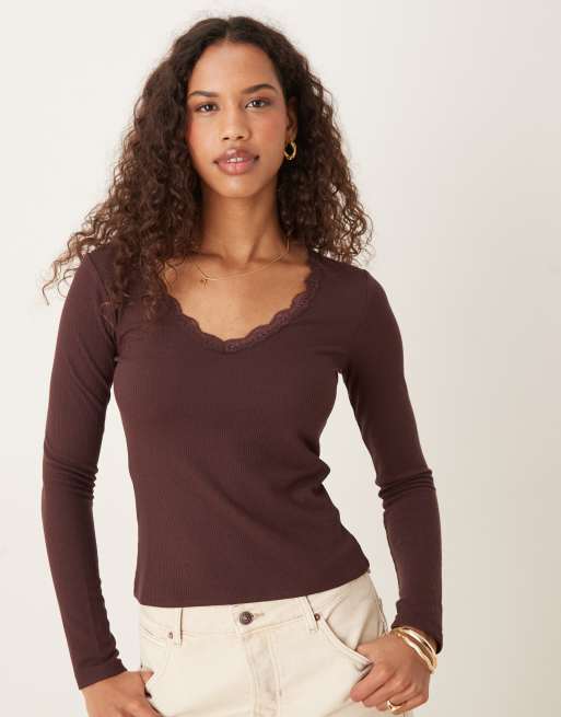 Cotton:On Lace trim long sleeve in mocha brown waffle