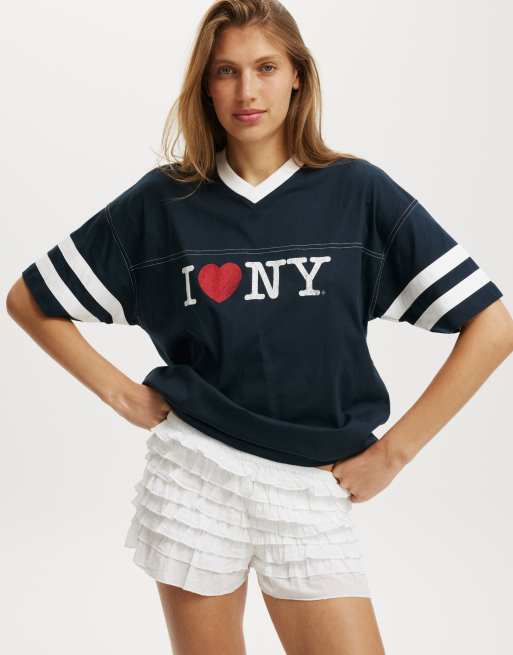 Cotton:On Lcn v neck oversized graphic tee in navy