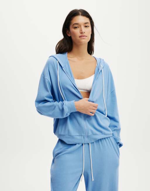 Cotton:On Light weight super soft hooded zip through in adrift blue