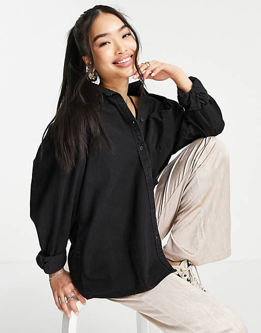 Women Shirts & Blouses/Cotton:On long sleeve denim shirt in black 