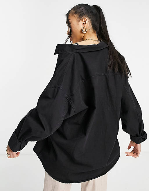  Shirts & Blouses/Cotton:On long sleeve denim shirt in black 