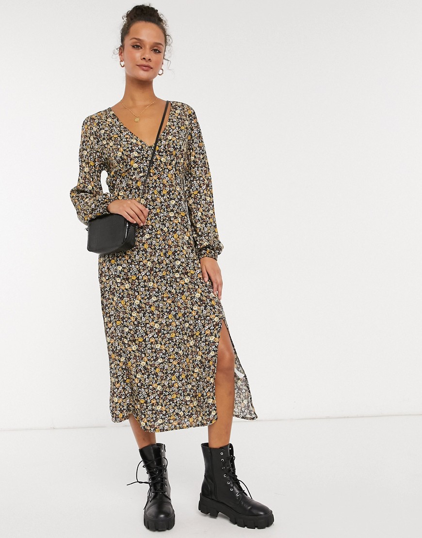 Cotton: On long sleeve mid dress in ditsy floral-Multi