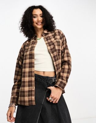 Cotton:on Loose Fitting Boyfriend Flannel Shirt In Dark Oak Check-brown