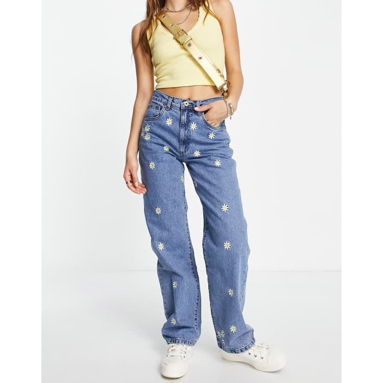 Cotton:On loose straight leg jeans with daisy embroidery in blue