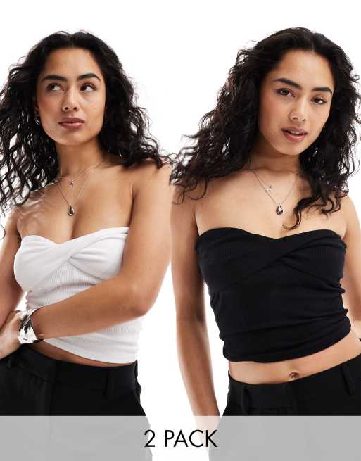 Cotton On - Lot de 2 crop tops bandeau torsadés devant - Noir et blanc 