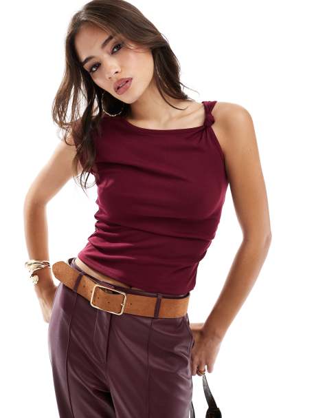 Cotton:On Marlow knot shoulder short sleeve top in burgundy - view 1