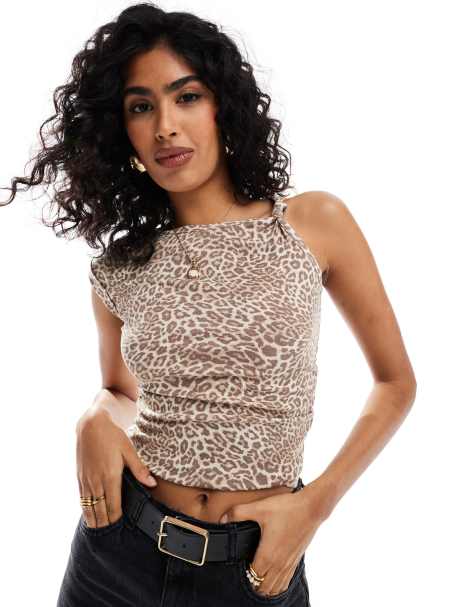 Cotton:On Marlow knot shoulder short sleeve top in leopard print - MULTI - view 1