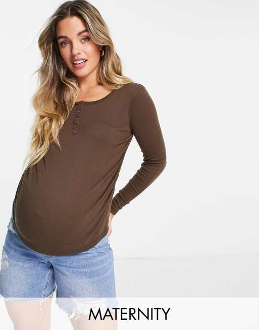 Cotton:On Maternity – Brązowy top henley z długimi rękawami