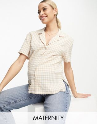 Cotton:On Maternity short sleeved shirt in taupe gingham - ASOS Price Checker