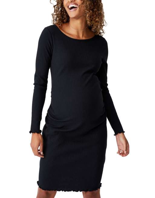 CottonOn Maternity lettuce edge long sleeve dress in black ASOS