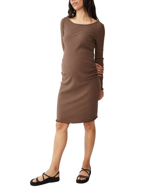 CottonOn Maternity lettuce edge long sleeve dress in brown ASOS