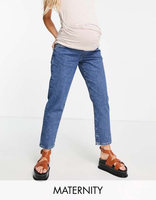 Cotton:On Maternity - Mom-jeans med stretch og taljekant under maven i blå mellemvask