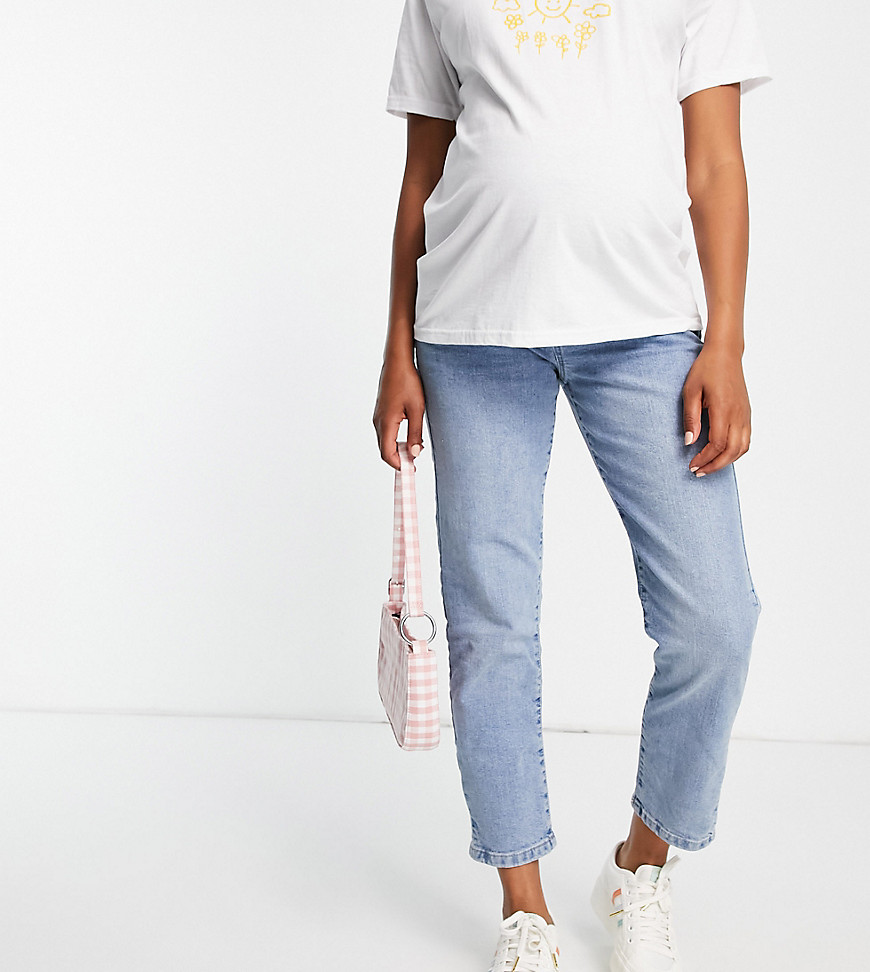 Cotton: On Maternity overbump stretch mom jean in mid wash-Blues