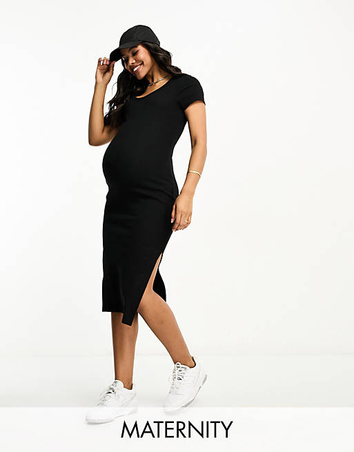 Cotton:On Maternity rib t-shirt midi dress in black | ASOS