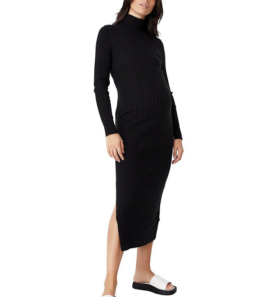 Cotton: On Maternity ribbed roll neck midi dress in black