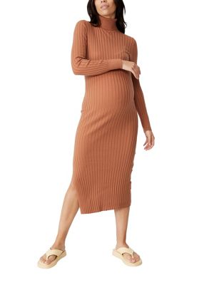 Cotton:On Maternity ribbed roll neck midi dress in brown