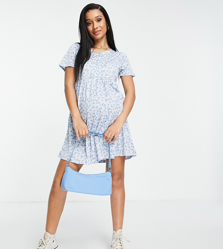 Cotton: On Maternity short sleeve babydoll mini dress in blue ditsy floral-Blues