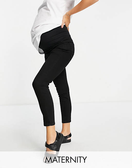 Women Cotton:On Maternity underbump cropped ripped skinny jean in wash black 
