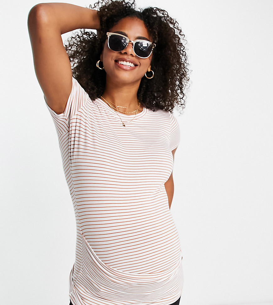 Cotton: On Maternity wrap front short sleeve top in pink stripe-Multi