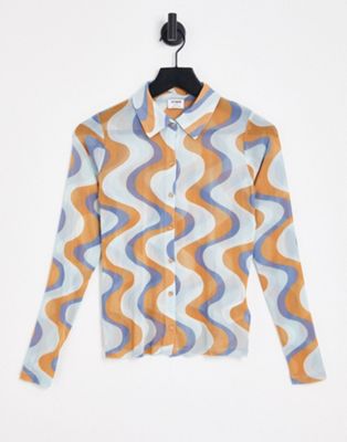 Cotton:On mesh long sleeve shirt in blue wave print