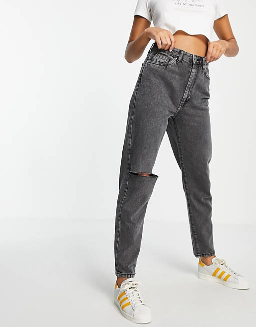 Women Cotton:On mom jeans with ripped knee in washed black 