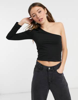 one shoulder black long sleeve top