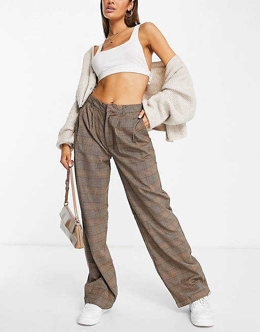 Women Cotton:On oversized check trouser in brown 