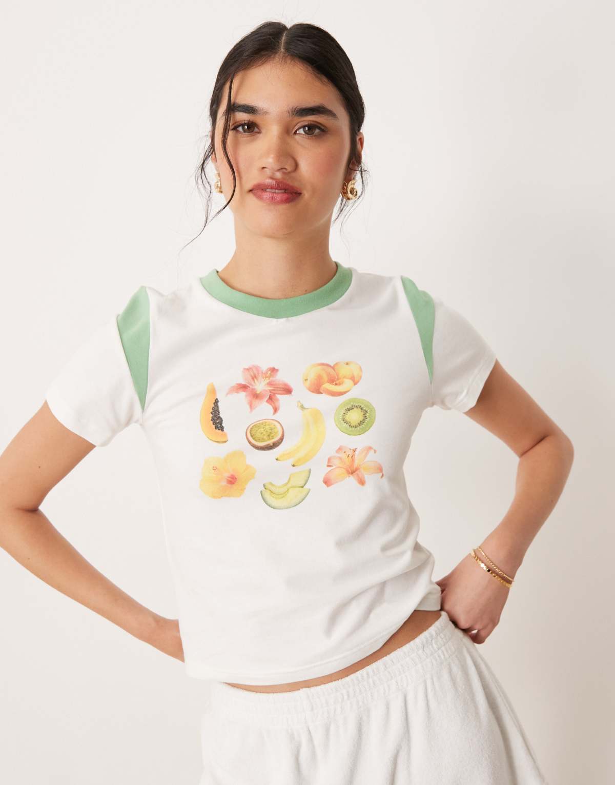 Cotton:On Peached jersey contrast baby tee in tropical fruits/spring green