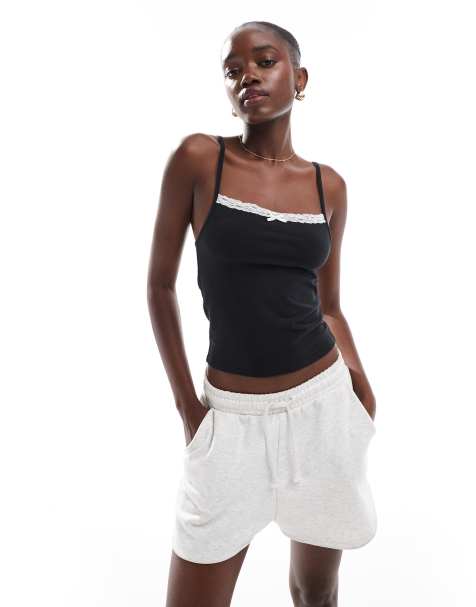 Cotton:On Peached jersey lace cami in black - view 1