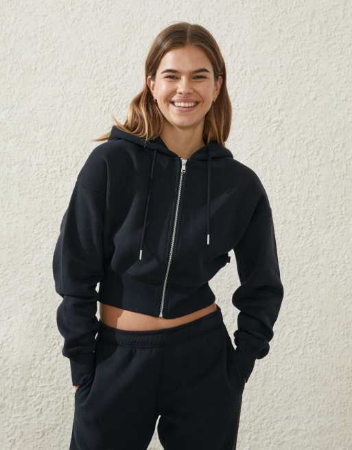 Cotton:On Plush essential cropped zip through in core black