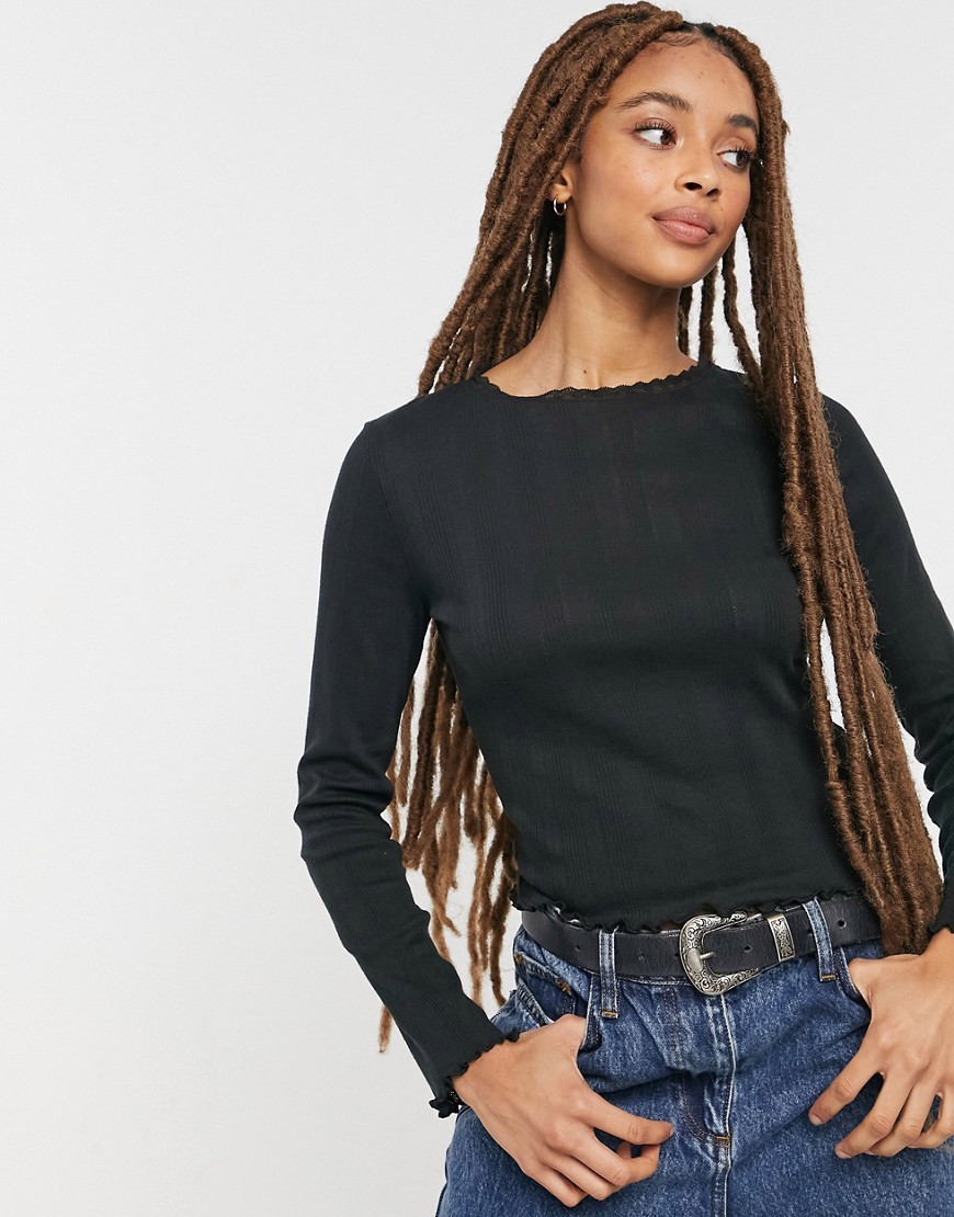 Cotton: On pointelle long sleeve top in black