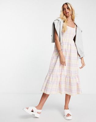 Cotton:On poppy shirred tie up back midi dress in retro pink check