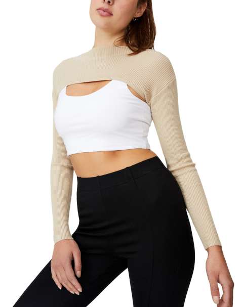 Cotton:On rib crop long sleeve tee in taupe - view 1